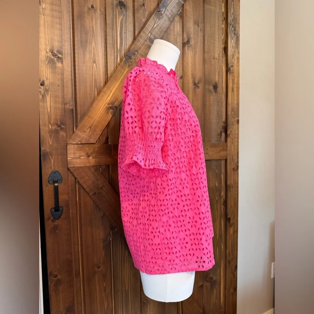 J.Crew Smocked Puff Sleeve Blouse Women’s Size XS Eyelet Preppy Spring Pink EUC